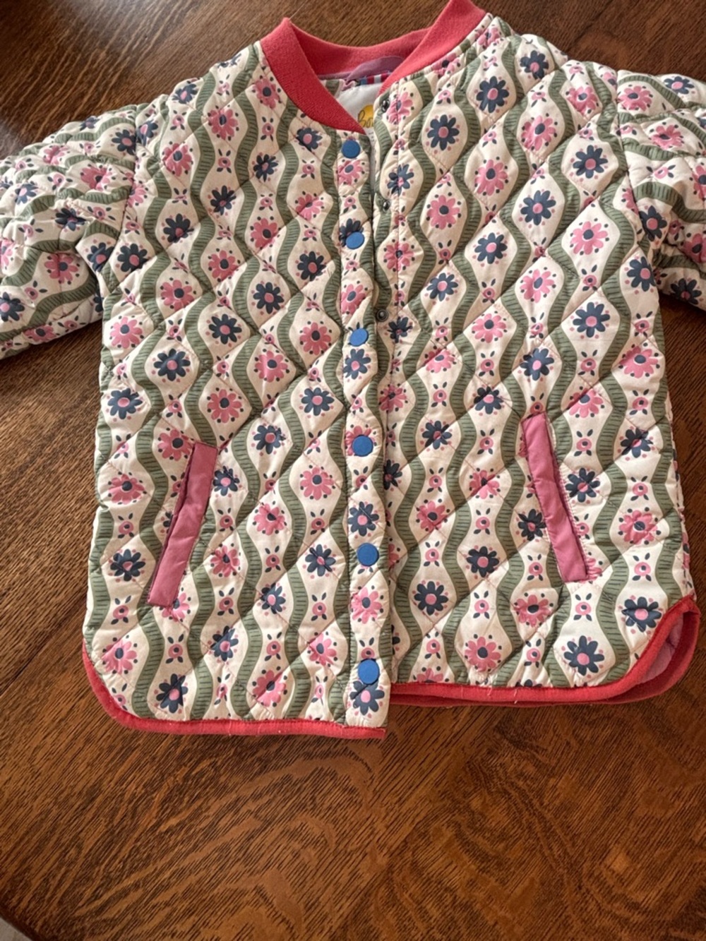 Mini Boden Quilted Floral Puffer Jacket in Pink, Cream & Blue